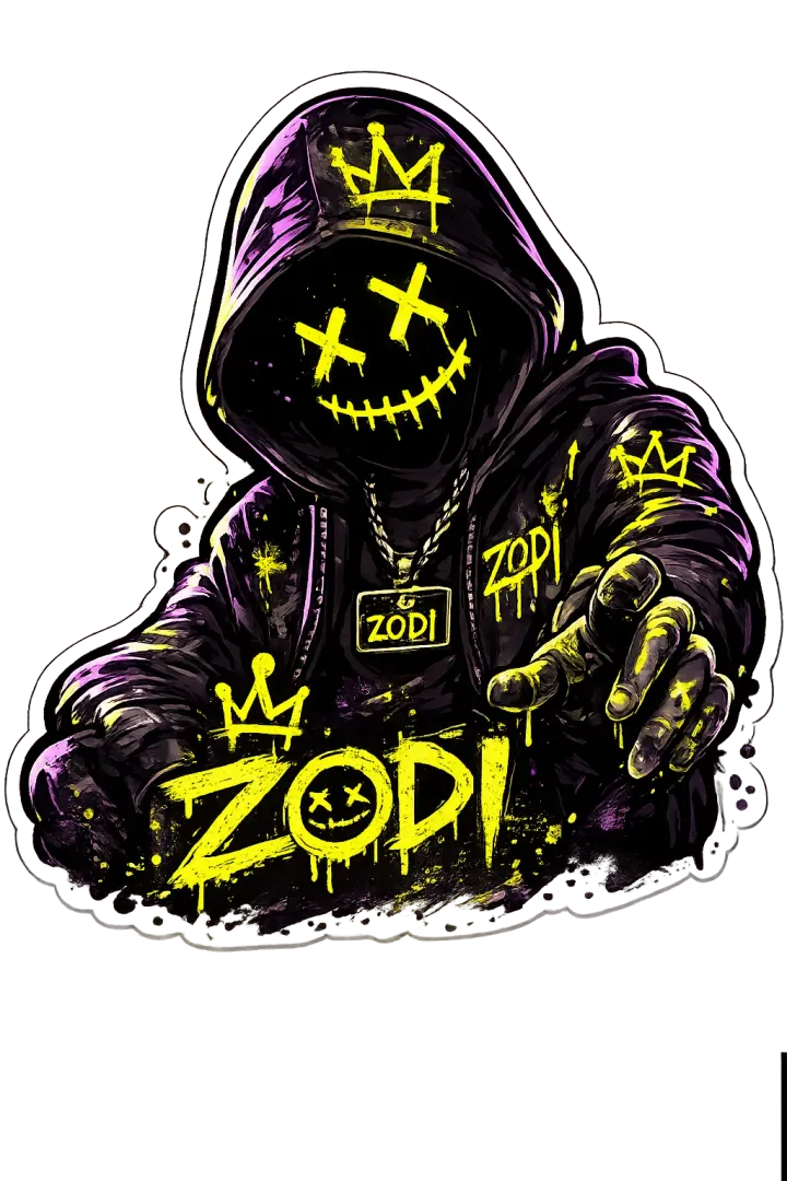 ZODI, con su capucha, su máscara de neón y su corona